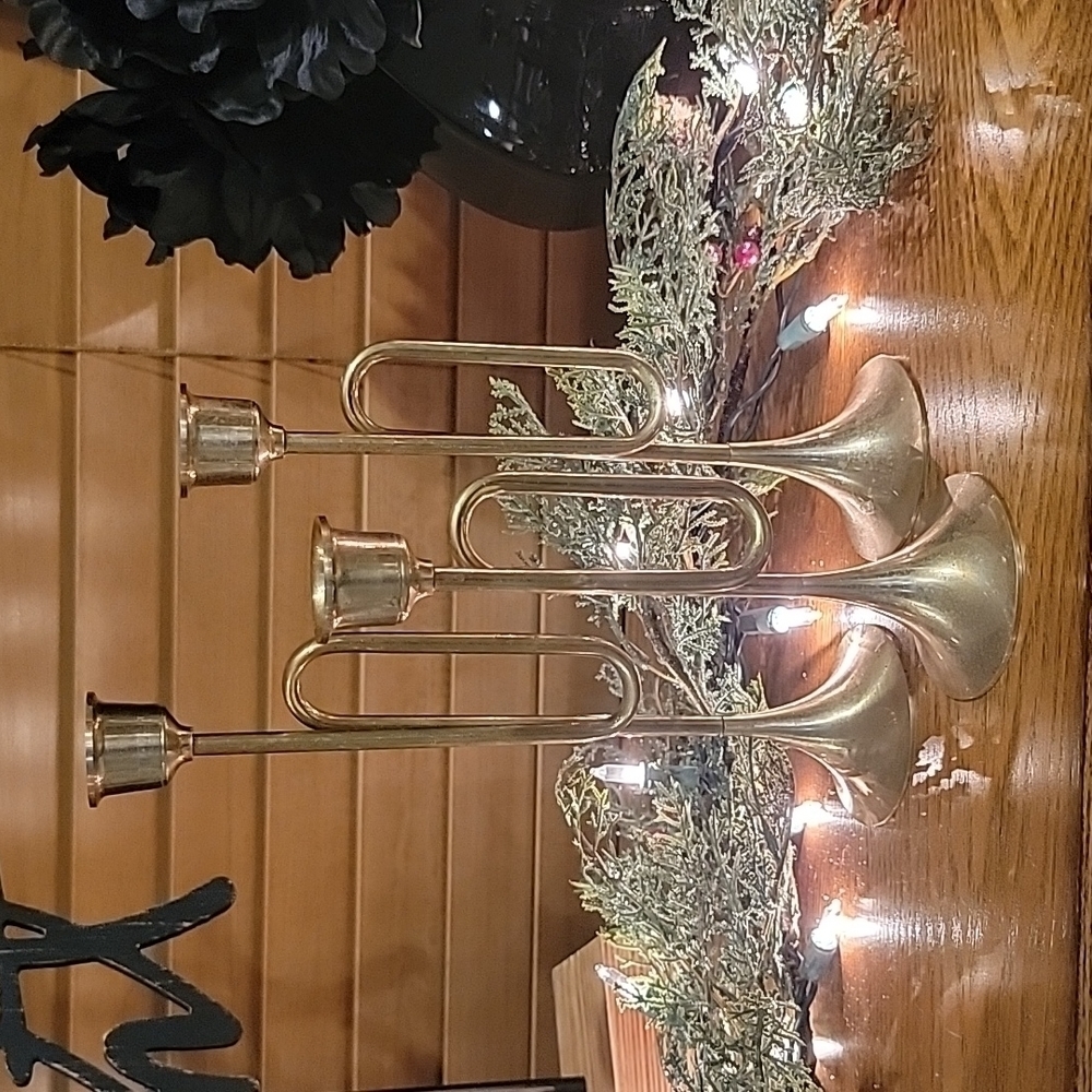 Vintage Brass Trumpet Candle Stick set of 3